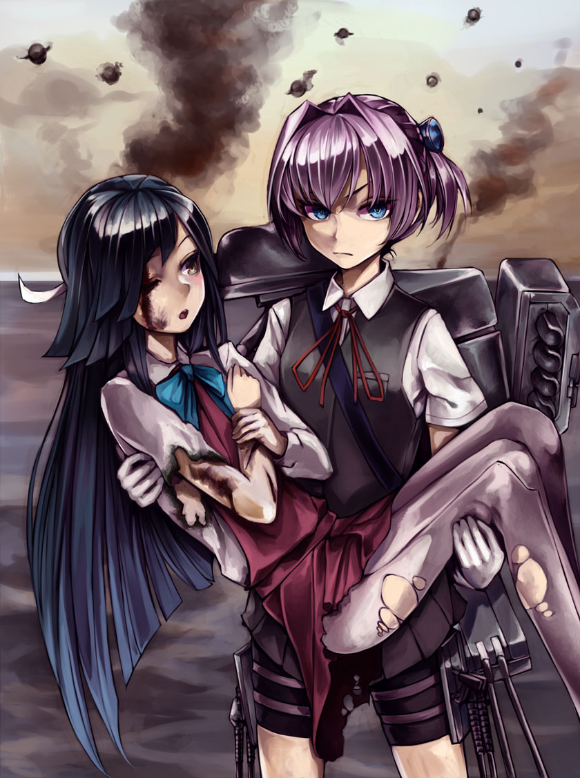 2girls bangs bike_shorts black_skirt black_vest blood blue_bow blue_eyes blue_neckwear bow bowtie breast_pocket carrying collared_shirt commentary_request cuts dress gloves grey_legwear hair_intakes hair_ornament hair_ribbon hayashimo_(kantai_collection) holding_arm horizon injury kantai_collection kurou_(bcrow) long_hair looking_at_another looking_at_viewer machinery multiple_girls neck_ribbon ocean one_eye_closed outdoors pantyhose pink_hair pleated_skirt pocket princess_carry red_dress red_neckwear red_ribbon ribbon seamed_legwear serious shiranui_(kantai_collection) shirt short_ponytail short_sleeves shorts_under_skirt skirt smoke thigh_strap torn_clothes torn_dress torn_pantyhose torn_sleeves torpedo_tubes turret v-shaped_eyebrows vest white_gloves white_ribbon white_shirt yellow_eyes