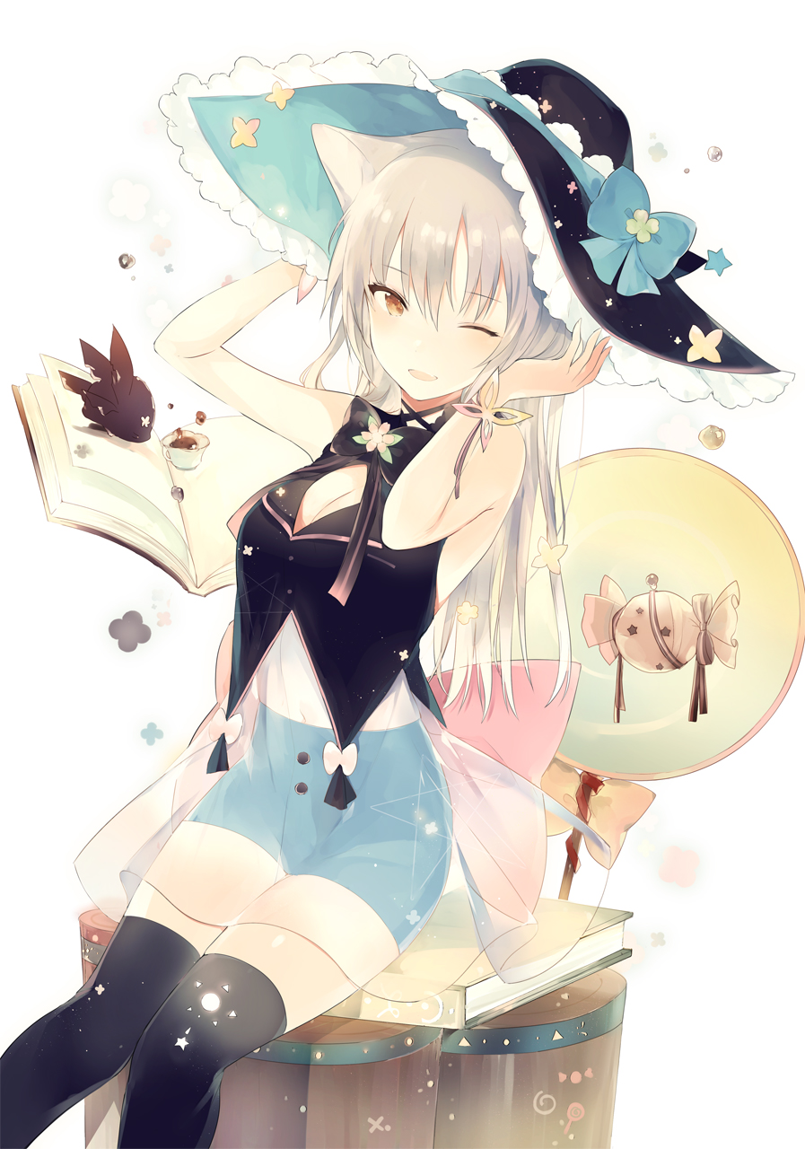 1girl ;) animal_ears bangs black_legwear blush book breasts brown_eyes candy cat_ears cleavage eyebrows_visible_through_hair food grey_hair hat highres knees_together_feet_apart long_hair looking_at_viewer lpip medium_breasts one_eye_closed open_book original parted_lips shorts sitting smile solo thigh-highs tsurime vest witch_hat