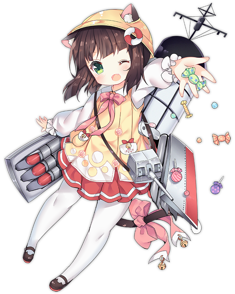 1girl ;d animal_ears azur_lane bangs bell black_footwear blunt_bangs blush bow bowtie brown_hair bucket_hat candy cat_ears cat_tail cherry_blossoms eyebrows eyebrows_visible_through_hair fang flower food full_body green_eyes hat jingle_bell legs_apart lollipop long_sleeves mary_janes miniskirt mutsuki_(azur_lane) no_nose official_art one_eye_closed open_mouth outstretched_arm pantyhose paw_print pink_bow pink_neckwear pleated_skirt red_skirt remodel_(azur_lane) shoes short_hair simple_background skirt smile solo star tachi-e tail tail_bow tongue torpedo torpedo_tubes transparent_background tsukimi_(xiaohuasan) turret white_legwear yellow_hat