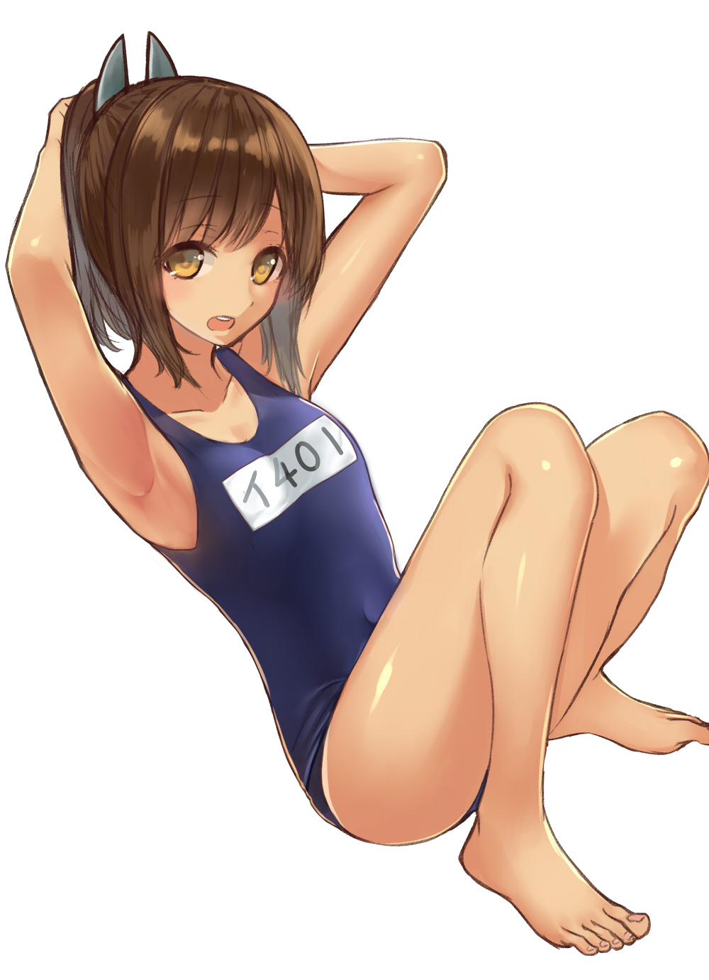 1girl arms_behind_head barefoot brown_eyes brown_hair feet hair_ornament hairclip harukana_(harukana_10) highres i-401_(kantai_collection) kantai_collection looking_at_viewer name_tag one-piece_tan ponytail school_swimsuit short_ponytail simple_background solo swimsuit tan tanline toes white_background