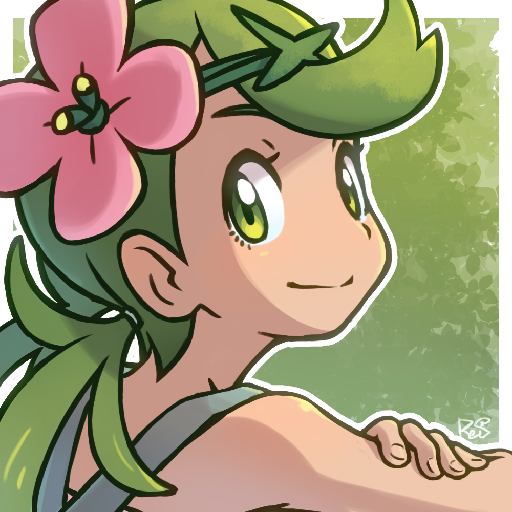 1girl bare_shoulders closed_mouth dark_skin fingernails flower green_eyes green_hair hair_tie headband long_hair looking_at_viewer mallow_(pokemon) outline pink_flower pokemon pokemon_(game) pokemon_sm reiesu_(reis) signature smile solo trial_captain twintails upper_body white_outline