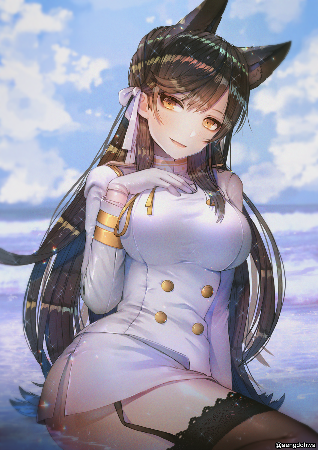 1girl animal_ears arm_support ass atago_(azur_lane) azur_lane bangs bent_knees black_hair black_legwear blue_sky blush breasts brown_eyes buttons closed_mouth clouds double-breasted epaulettes eyebrows_visible_through_hair fang fox_ears garter_straps gloves hair_ornament hair_over_shoulder hair_ribbon half-closed_eyes hanato_(seonoaiko) hand_on_own_chest head_tilt high_collar highres jacket lace-trimmed_legwear large_breasts light_particles long_hair looking_at_viewer makeup military military_uniform mole mole_under_eye ocean parted_lips pencil_skirt ribbon sitting sitting_on_water skirt sky smile solo sparkle static swept_bangs thigh-highs thighs twisted_torso twitter_username uniform very_long_hair water water_drop wet white_gloves white_jacket white_ribbon white_skirt yokozuwari