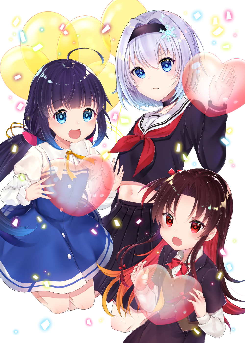 3girls :d ahoge balloon bangs black_choker black_hair black_hairband black_jacket black_shirt black_skirt blue_dress blue_eyes brown_hair brown_vest choker commentary_request dress eyebrows_visible_through_hair gradient_hair gyozanuko hair_between_eyes hair_ornament hairband heart highres hinatsuru_ai jacket long_hair long_sleeves low_twintails midriff multicolored_hair multiple_girls navel neckerchief open_mouth pleated_skirt puffy_short_sleeves puffy_sleeves red_eyes red_neckwear redhead ryuuou_no_oshigoto! sailor_collar school_uniform shirt short_over_long_sleeves short_sleeves silver_hair skirt smile snowflake_hair_ornament sora_ginko twintails very_long_hair vest white_sailor_collar white_shirt yashajin_ai