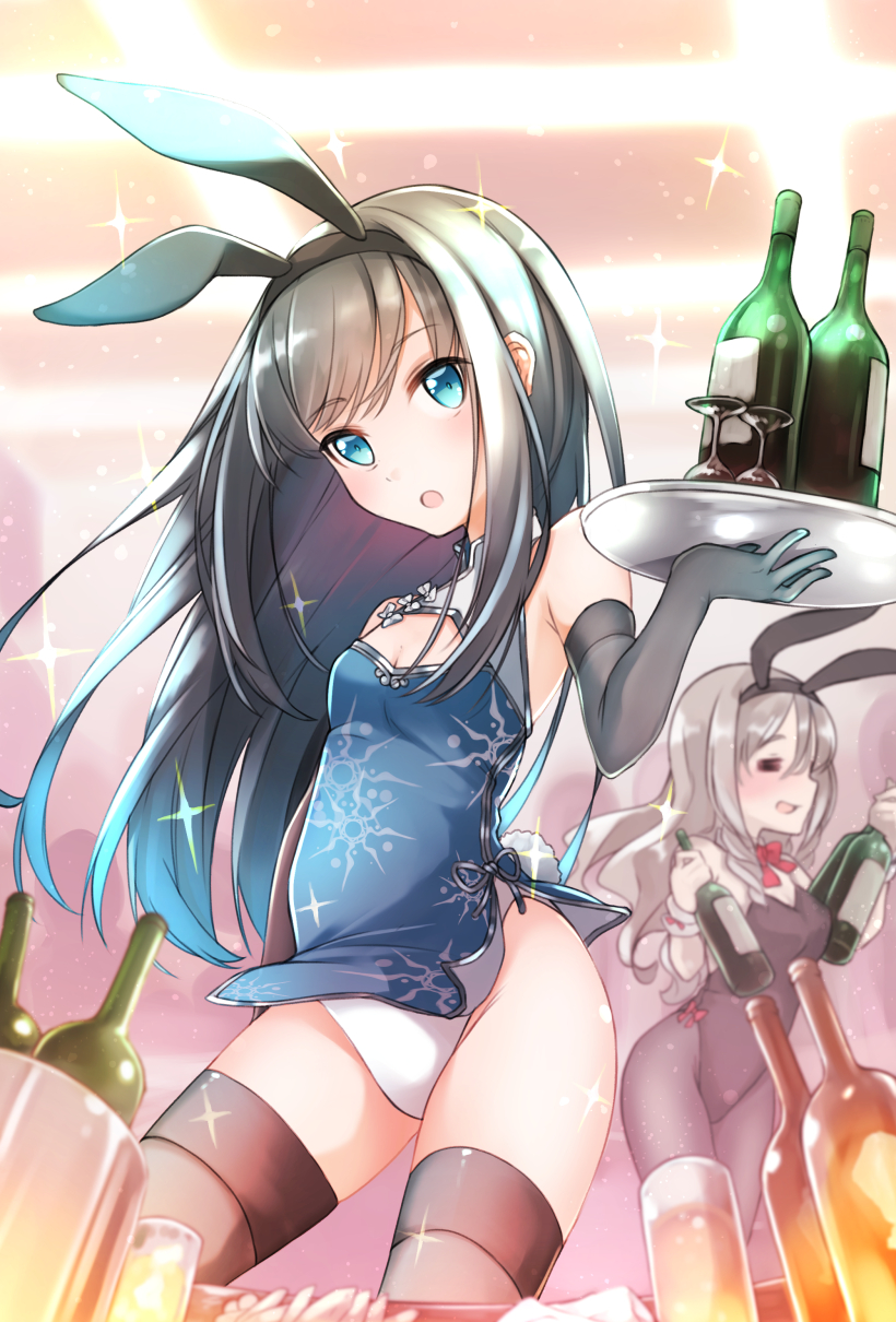 2girls animal_ears asashio_(kantai_collection) bare_shoulders black_gloves black_hair black_legwear black_leotard blue_eyes blush bottle bow bowtie breasts bunny_girl bunny_tail bunnysuit china_dress chinese_clothes cleavage comah covered_navel cup detached_collar dress drinking_glass drunk elbow_gloves fake_animal_ears glass gloves grey_hair hair_between_eyes highres kantai_collection leotard light_brown_hair long_hair medium_breasts multiple_girls open_mouth pantyhose pola_(kantai_collection) rabbit_ears small_breasts strapless strapless_leotard tail thigh-highs tray wavy_hair whine white_leotard wine_bottle wrist_cuffs