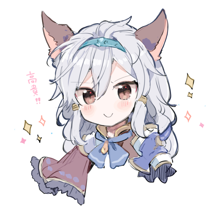 1girl animal_ears blue_neckwear blush bow bowtie brown_eyes closed_mouth commentary_request granblue_fantasy grey_hair hairband heles ikeuchi_tanuma long_hair looking_at_viewer portrait slit_pupils smile solo sparkle