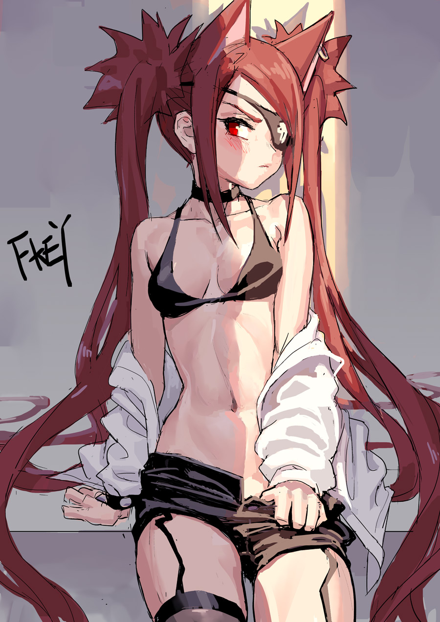 &gt;:( 1girl animal_ears artist_name bare_arms bare_shoulders black_bikini_top black_choker black_shorts blush bracelet breasts cat_ears choker cleavage collarbone cowboy_shot earrings eyepatch fkey garter_straps grabbing highres jewelry long_hair long_sleeves navel off_shoulder original red_eyes redhead shirt short_shorts shorts sidelocks signature sitting skull_print small_breasts solo spiked_bracelet spikes stomach thigh-highs turning_head twintails v-shaped_eyebrows very_long_hair white_shirt