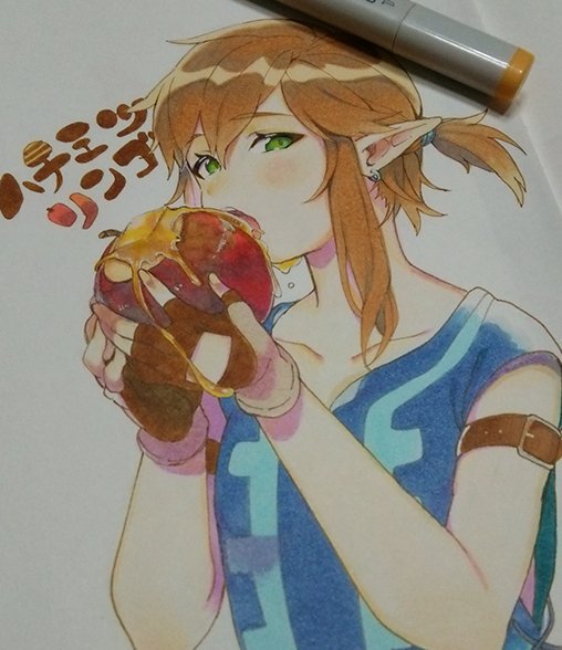 1boy apple armband blonde_hair blush collarbone earrings eating eyelashes fingerless_gloves food fruit gloves green_eyes hair_tie holding holding_food honey jewelry link looking_at_viewer male_focus marker marker_(medium) open_mouth photo pointy_ears roda_(roda826) shirt short_ponytail short_sleeves solo teeth the_legend_of_zelda the_legend_of_zelda:_breath_of_the_wild traditional_media tunic upper_body