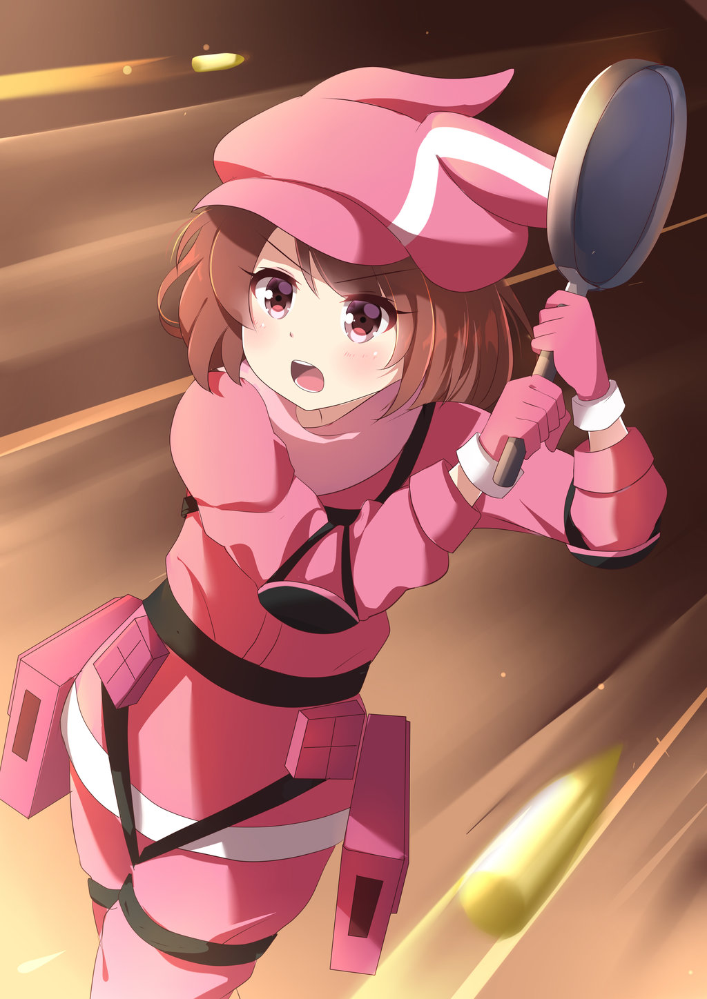 1girl agung_syaeful_anwar animal_ears animal_hat bangs blush brown_hair bullet bunny_hat cabbie_hat commentary commentary_request eyebrows_visible_through_hair frying_pan gloves hat highres holding jacket llenn_(sao) open_mouth pants pink_gloves pink_hat pink_jacket pink_pants rabbit_ears red_eyes solo sword_art_online sword_art_online_alternative:_gun_gale_online v-shaped_eyebrows