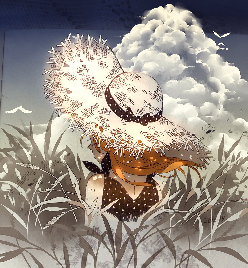 1girl blonde_hair clouds dress grass hat looking_to_the_side original semcool solo