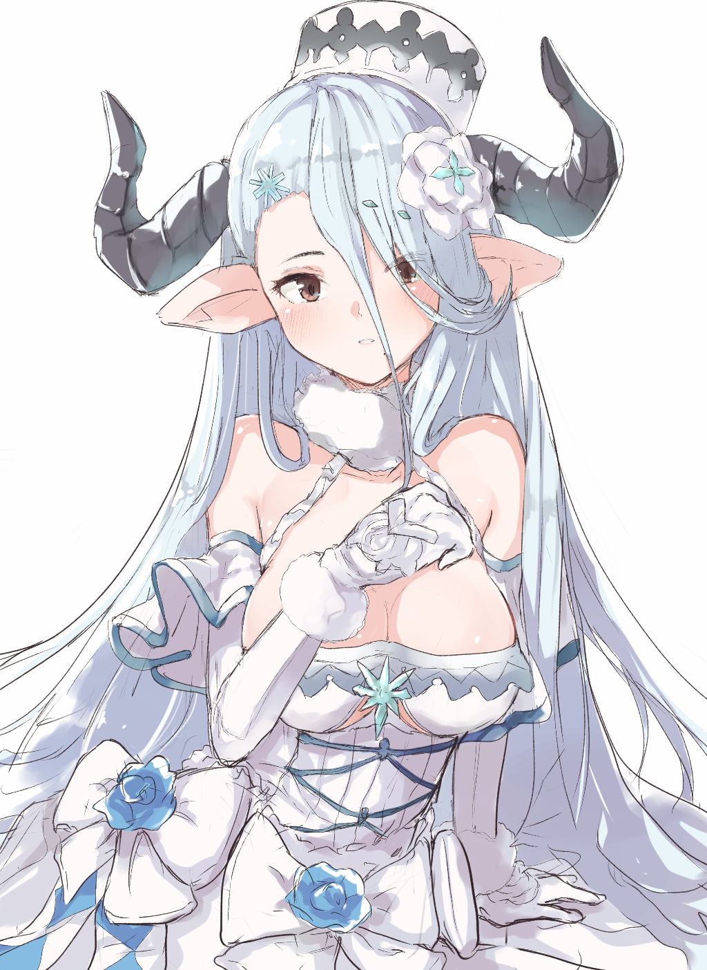 1girl bangs bare_shoulders blue_flower blue_rose blush breasts brown_eyes cleavage curled_horns draph dress elbow_gloves eyes_visible_through_hair flan_(harry_mackenzie) flower fur-trimmed_gloves fur_trim gloves granblue_fantasy hair_between_eyes hair_over_one_eye hat highres horns izmir large_breasts long_hair looking_at_viewer mini_hat parted_lips pointy_ears rose silver_hair simple_background solo very_long_hair white_background white_dress white_flower white_gloves white_hat