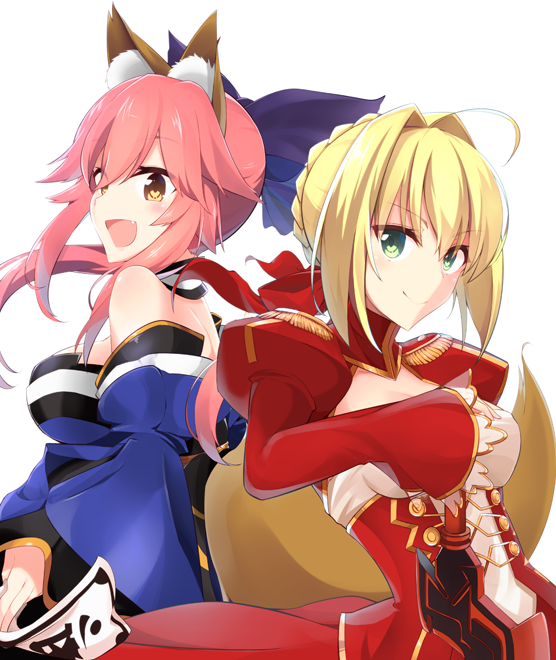 &gt;:) 2girls :d ahoge animal_ears back-to-back bangs bare_shoulders blonde_hair blue_bow blue_kimono bow braid brown_eyes closed_mouth detached_sleeves dress epaulettes eyebrows_visible_through_hair fang fate/extra fate_(series) fox_ears fox_girl fox_tail hair_between_eyes hair_bow hair_intakes japanese_clothes juliet_sleeves kimono long_hair long_sleeves looking_at_viewer looking_to_the_side moninora multiple_girls nero_claudius_(fate) nero_claudius_(fate)_(all) open_mouth pink_hair puffy_sleeves red_dress sidelocks simple_background sleeves_past_wrists smile tail tamamo_(fate)_(all) tamamo_no_mae_(fate) v-shaped_eyebrows white_background wide_sleeves