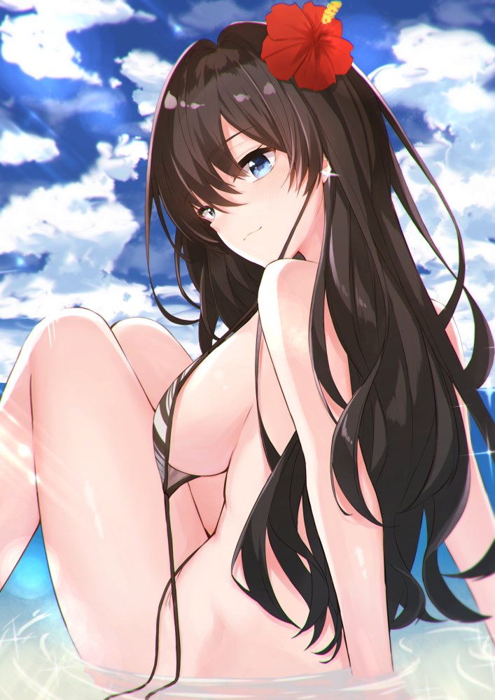 1girl :3 anza_tomo bangs bare_shoulders beach bikini blue_eyes blue_sky blush breasts brown_hair flower hair_between_eyes hibiscus ichinose_shiki idolmaster idolmaster_cinderella_girls knees_up large_breasts long_hair looking_at_viewer looking_to_the_side ocean sideboob sitting sky solo striped striped_bikini swimsuit thighs wardrobe_error wavy_hair