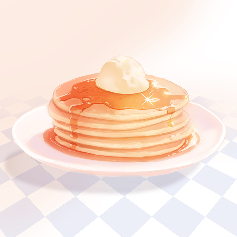 checkered commentary_request food glint no_humans original pancake pink_background plate sibyl stack_of_pancakes still_life syrup