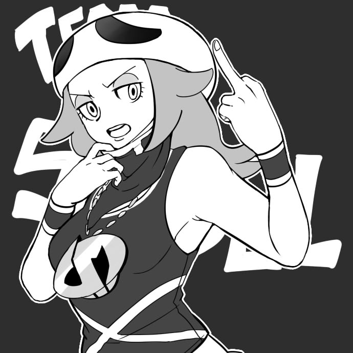 1girl bare_shoulders beanie breasts eyebrows eyelashes fingernails gooberman_(kdk5011) half-closed_eyes hands_up hat jewelry long_hair medium_breasts middle_finger monochrome necklace outline pokemon pokemon_(game) pokemon_sm shirt sleeveless sleeveless_shirt solo team_skull team_skull_grunt turtleneck upper_body v-shaped_eyebrows white_outline wristband