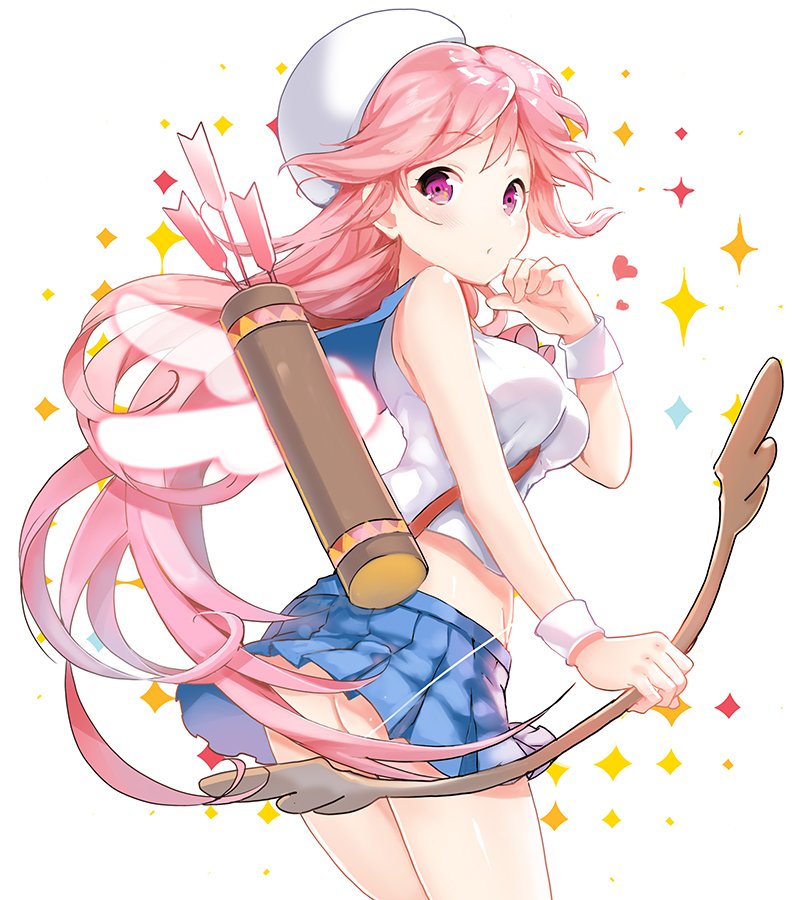 1girl arrow ass between_breasts blue_sailor_collar blush commentary_request cowboy_shot hand_up hat holding_bow looking_at_viewer original pink_eyes pink_hair pleated_skirt quiver sailor_collar school_uniform serafuku shirt sibyl skirt sleeveless solo strap_cleavage white_hat white_shirt wings wristband