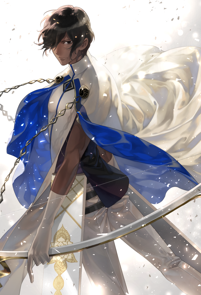 1boy arjuna_(fate/grand_order) armlet backlighting bangs black_eyes black_hair bow_(weapon) closed_mouth commentary_request dark_skin dark_skinned_male dutch_angle elbow_gloves fate/grand_order fate_(series) feet_out_of_frame from_behind gloves hair_over_one_eye holding holding_bow_(weapon) holding_weapon indian_clothes legs_apart light_particles lips looking_at_viewer looking_back male_focus noes pants pelvic_curtain quiver serious shiny shiny_hair shirt sleeveless sleeveless_shirt solo standing swept_bangs turtleneck twisted_torso v-shaped_eyebrows wavy_hair weapon white_cloak white_gloves white_pants white_shirt