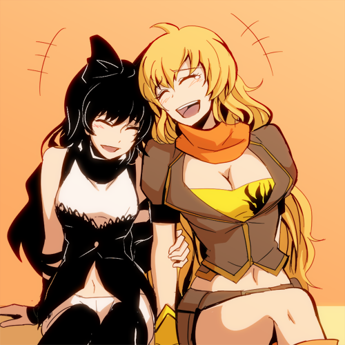 2girls ^_^ ahoge arm_grab arm_support black_footwear black_hair blake_belladonna blonde_hair bow breasts cleavage closed_eyes hair_bow large_breasts long_hair lowres midriff multiple_girls navel orange_scarf rwby scarf sumiwow yang_xiao_long