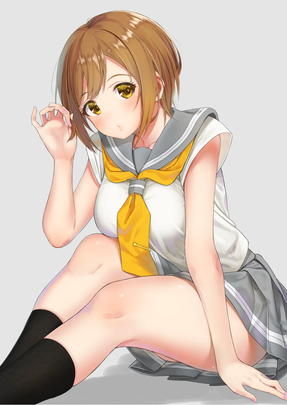 1girl alternate_hair_length alternate_hairstyle brown_hair commentary_request highres kotori_asobu kunikida_hanamaru love_live! love_live!_school_idol_project love_live!_sunshine!! neck_ribbon ribbon school_uniform short_hair short_sleeves skirt socks solo thighs yellow_eyes