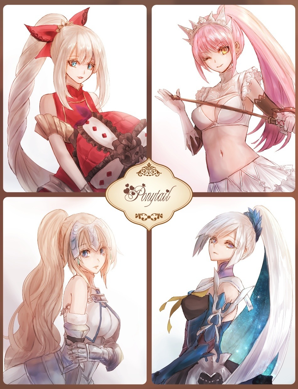 4girls alternate_hairstyle armor armored_dress bare_shoulders blonde_hair blue_eyes blue_hair breasts brynhildr_(fate) byuura_(sonofelice) chains cleavage fate/grand_order fate_(series) hand_on_own_arm highres holding jeanne_d'arc_(fate) jeanne_d'arc_(fate)_(all) large_breasts long_hair looking_at_viewer marie_antoinette_(fate/grand_order) medb_(fate/grand_order) medium_breasts midriff multicolored_hair multiple_girls navel one_eye_closed open_mouth pink_hair ponytail ribbon scrunchie serious smile tiara two-tone_hair violet_eyes white_hair yellow_eyes
