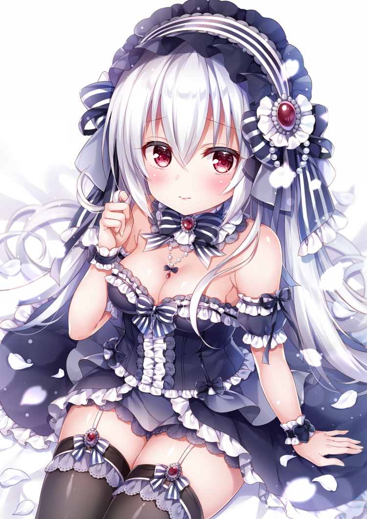 1girl arm_support bangs bare_shoulders black_bow black_dress black_legwear blush bow breasts cleavage closed_mouth commentary_request detached_sleeves dress eyebrows_visible_through_hair frilled_hairband garter_straps gothic_lolita hair_between_eyes hair_twirling jewelry lolita_fashion long_hair looking_at_viewer medium_breasts mitsuba_choco original pendant puffy_short_sleeves puffy_sleeves red_eyes short_sleeves silver_hair sitting solo strapless strapless_dress striped striped_bow striped_hairband thigh-highs very_long_hair wrist_cuffs