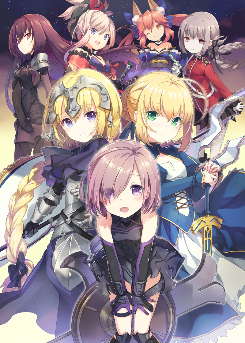 6+girls :d ;) ahoge armor artoria_pendragon_(all) bare_shoulders blonde_hair blue_eyes bow braid brown_eyes character_request clenched_hand covered_navel earrings elbow_gloves fate/grand_order fate_(series) flag gauntlets gloves green_eyes grey_hair h2so4 hair_between_eyes hair_bow hair_over_one_eye hair_tie hands_on_own_knees headpiece jeanne_d'arc_(fate)_(all) jewelry leaning_forward long_hair mash_kyrielight multiple_girls night night_sky one_eye_closed open_mouth red_eyes redhead saber scathach_(fate/grand_order) see-through short_hair sky smile standing sword tamamo_(fate)_(all) twintails uniform very_long_hair vial violet_eyes weapon white_gloves younger