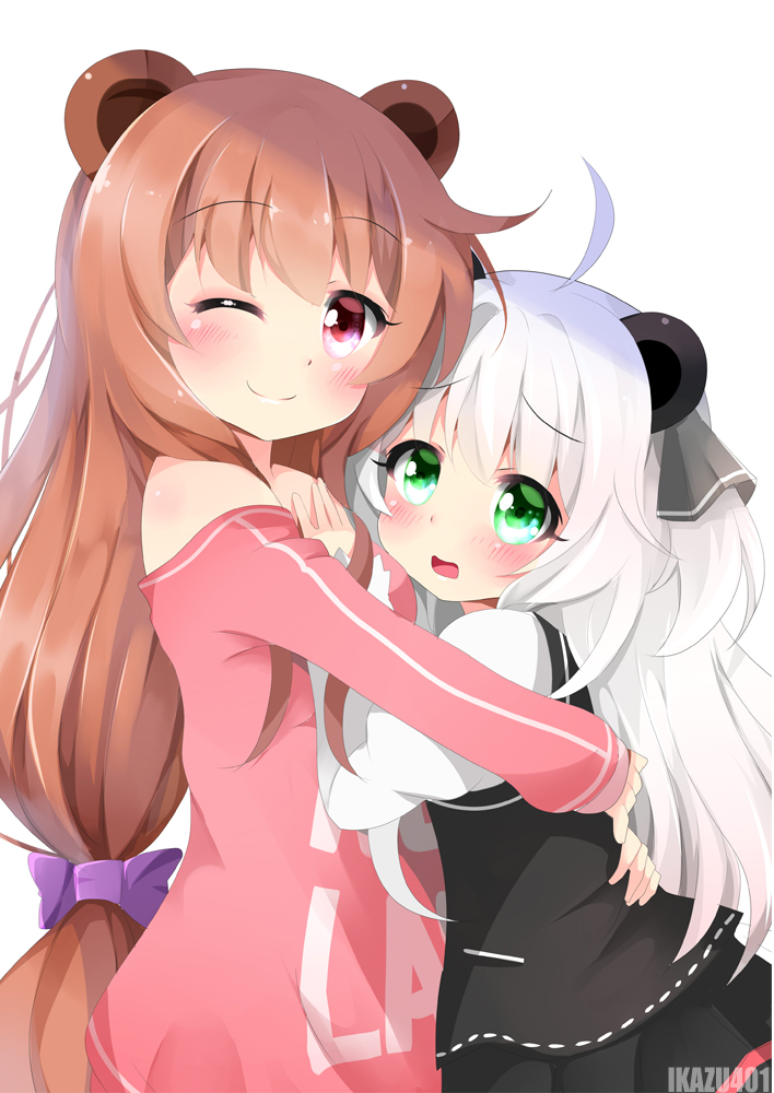 2girls ;) agung_syaeful_anwar ahoge animal_ears bangs bare_shoulders bear_ears black_dress blush bow brown_hair closed_mouth commentary dress eyebrows_visible_through_hair green_eyes grey_ribbon hair_between_eyes hair_bow hair_ribbon long_hair looking_at_viewer multiple_girls off-shoulder_shirt one_eye_closed one_side_up original panda_ears parted_lips pink_shirt purple_bow ribbon shirt silver_hair simple_background smile very_long_hair violet_eyes white_background white_shirt