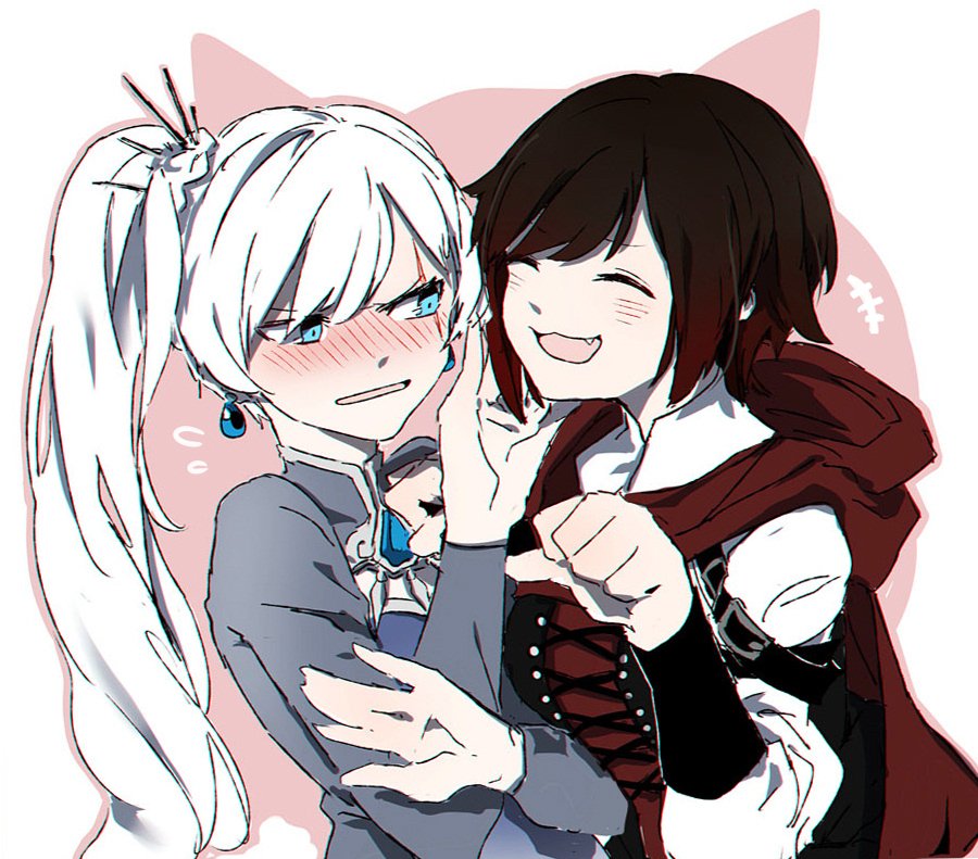 blue_eyes blush cloak closed_eyes corset earrings esu_(transc) fang jewelry pushing_away redhead ruby_rose rwby scar scar_across_eye weiss_schnee white_hair