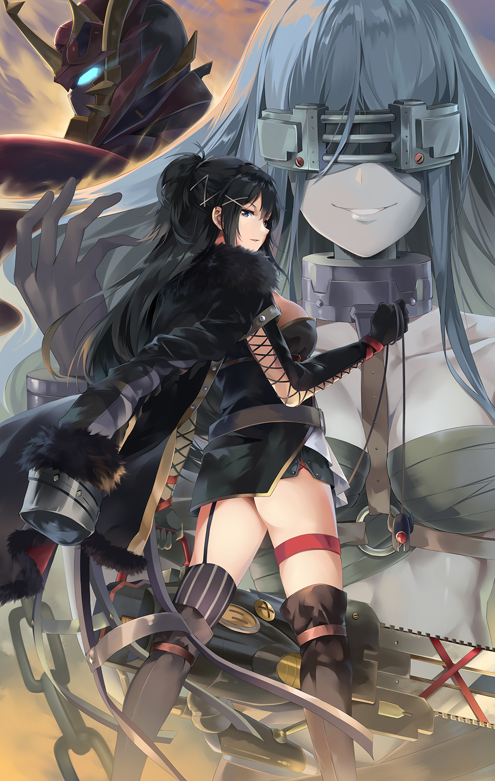 ass black_hair blue_eyes boots chains character_request chest_strap collar fur_trim garter_straps glowing glowing_eyes highres jacket_on_shoulders jidong_zhandui long_hair mask neko_(yanshoujie) silver_hair single_thighhigh striped striped_legwear thigh-highs thigh_boots thigh_strap vertical-striped_legwear vertical_stripes weapon