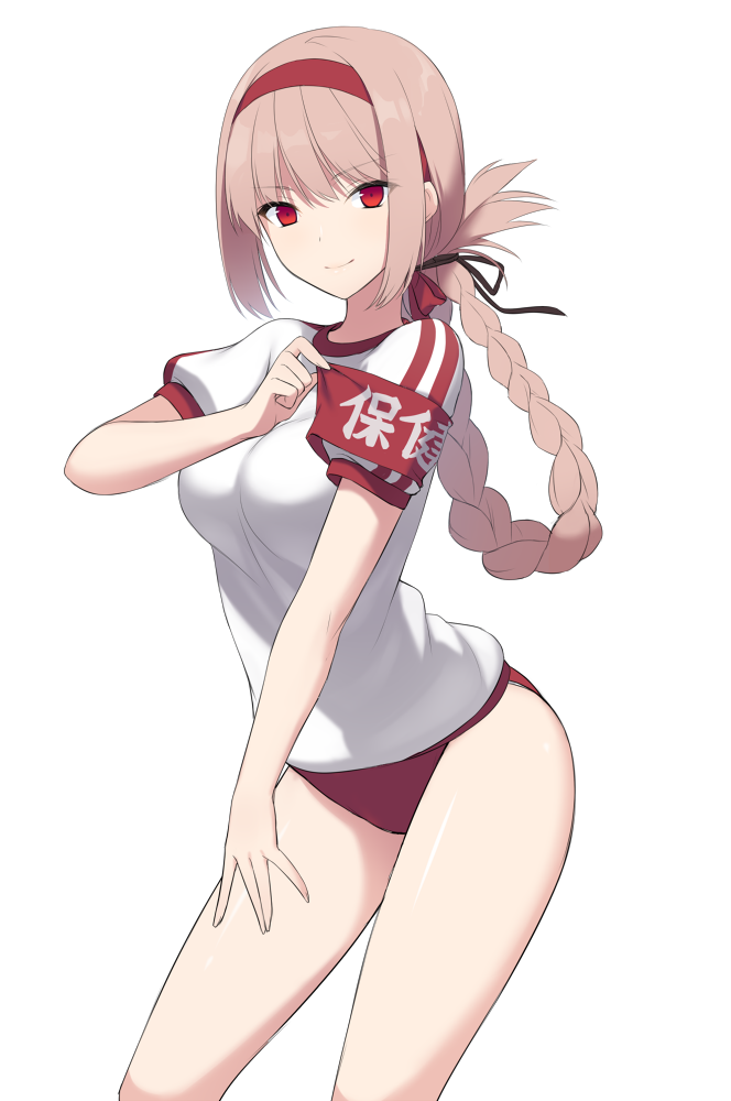 1girl arched_back armband bangs black_ribbon braid breasts buruma closed_mouth cowboy_shot eyebrows_visible_through_hair fate/grand_order fate_(series) florence_nightingale_(fate/grand_order) folded_ponytail gym_shirt gym_uniform hair_between_eyes hair_ribbon hairband head_tilt light_brown_hair long_hair looking_at_viewer mashima_(sumachi) medium_breasts outstretched_arm puffy_short_sleeves puffy_sleeves red_buruma red_eyes red_hairband ribbon shiny shiny_skin shirt short_sleeves sidelocks smile standing very_long_hair white_shirt