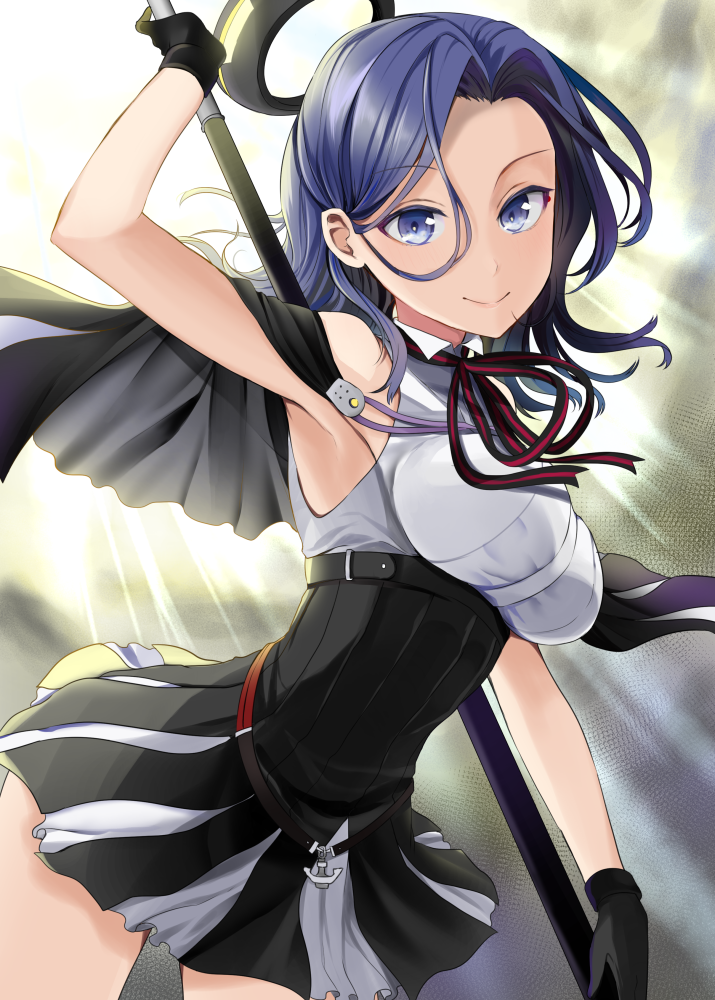 1girl armpits black_capelet black_gloves black_hair blue_eyes bow bowtie capelet commentary_request gloves holding kantai_collection leaning_forward looking_at_viewer mechanical_halo pleated_skirt polearm remodel_(kantai_collection) school_uniform short_hair skirt smile solo tatsuta_(kantai_collection) weapon yunamaro