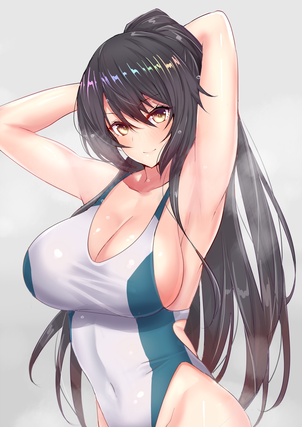 1girl armpits arms_behind_head arms_up bangs black_hair breasts cleavage closed_mouth collarbone competition_swimsuit covered_navel cowboy_shot eyebrows_visible_through_hair grey_background highleg highleg_swimsuit highres idolmaster idolmaster_shiny_colors large_breasts long_hair looking_at_viewer one-piece_swimsuit ponytail sankakusui shiny shiny_hair shiny_skin shirase_sakuya simple_background skin_tight smile solo steaming_body swimsuit upper_body very_long_hair white_swimsuit yellow_eyes