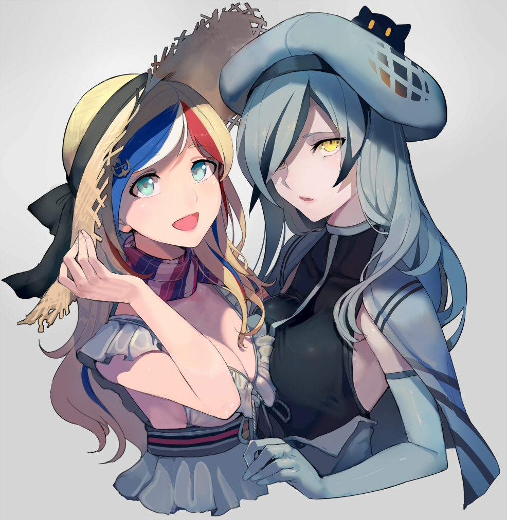 2girls :d beret blonde_hair blue_eyes blue_hair blush bow breast_press breasts cleavage commandant_teste_(kantai_collection) commentary_request dress elbow_gloves gloves grey_hair hair_over_one_eye hat hat_ribbon kantai_collection long_hair looking_at_viewer medium_breasts multicolored_hair multiple_girls no_bra open_mouth redhead ribbon scarf seaplane_tender_water_hime shinkaisei-kan simple_background sleeveless sleeveless_dress smile streaked_hair sun_hat symmetrical_docking upper_body walzrj white_hair yellow_eyes