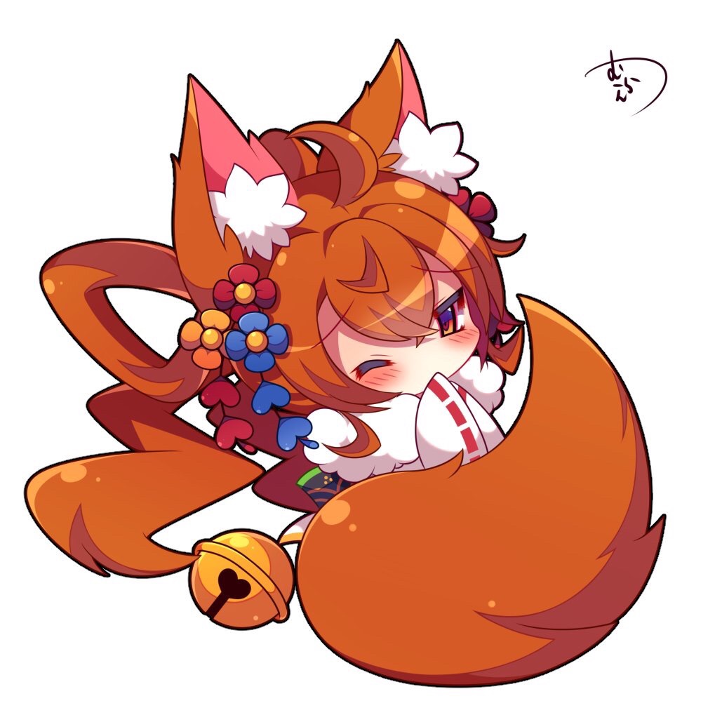 1girl ahoge animal_ears bangs bell blue_flower blush brown_eyes brown_hair chibi commentary_request covered_mouth eyebrows_visible_through_hair flower fox_ears fox_girl fox_tail fur_collar hair_between_eyes hair_flower hair_ornament japanese_clothes jingle_bell kimono korin_(shironeko_project) long_hair long_sleeves looking_at_viewer muuran one_eye_closed orange_flower red_flower ribbon-trimmed_sleeves ribbon_trim shironeko_project signature simple_background solo tail very_long_hair white_background white_kimono wide_sleeves