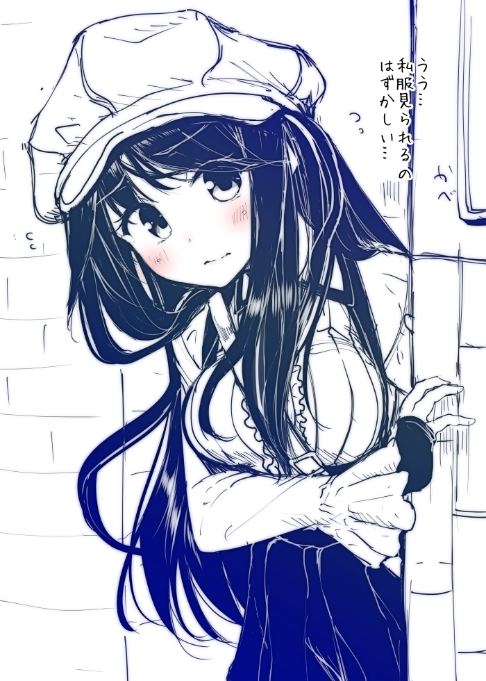 1girl bag bangs blush cabbie_hat center_frills closed_mouth dress eyebrows_visible_through_hair flying_sweatdrops frills hat long_hair long_sleeves looking_at_viewer mokufuu monochrome original pleated_dress shirt shoulder_bag sleeves_past_wrists solo spot_color translation_request very_long_hair wavy_mouth