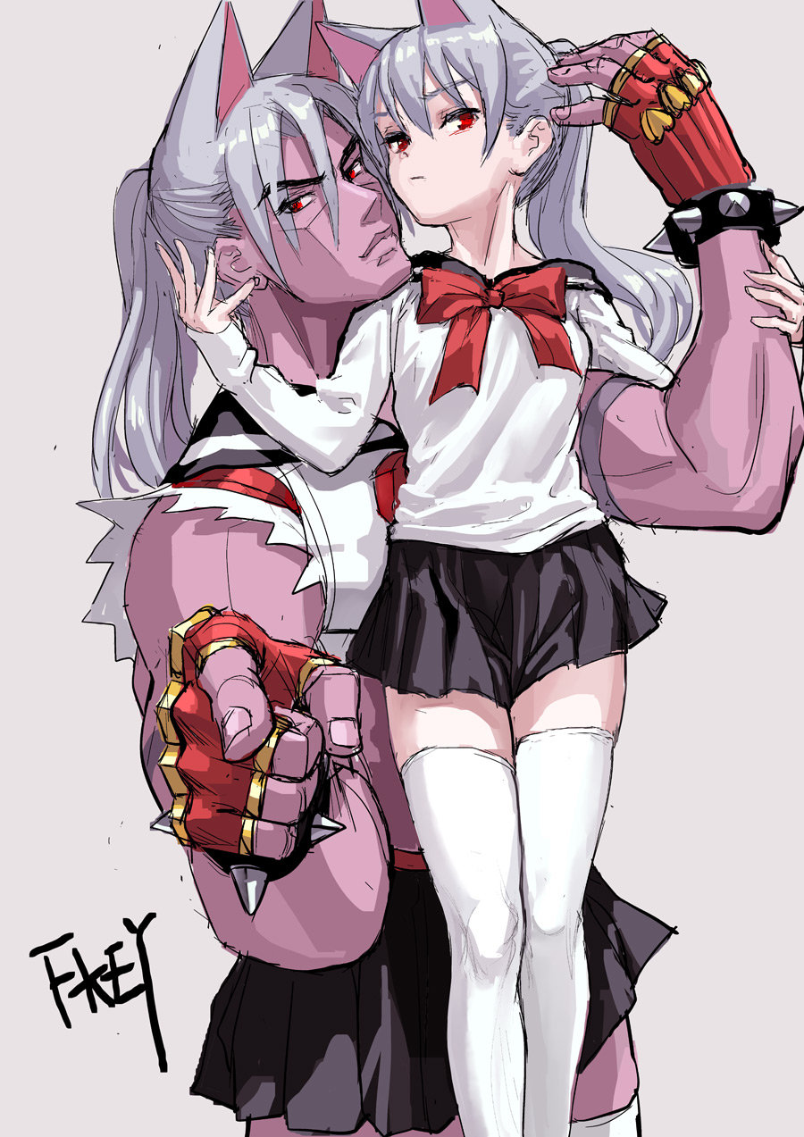 1boy 1girl animal_ears artist_name black_skirt bow bracelet breasts cat_ears commentary_request cowboy_shot crossdressinging feet_out_of_frame fingerless_gloves fkey gloves grey_background hand_up highres jewelry long_hair long_sleeves looking_at_viewer medium_breasts miniskirt muscle original pink_skin pleated_skirt pointing pointing_at_viewer ponytail red_bow red_gloves red_neckwear sailor_collar school_uniform serafuku signature silver_hair simple_background skirt spiked_bracelet spikes standing thigh-highs white_legwear white_serafuku zettai_ryouiki