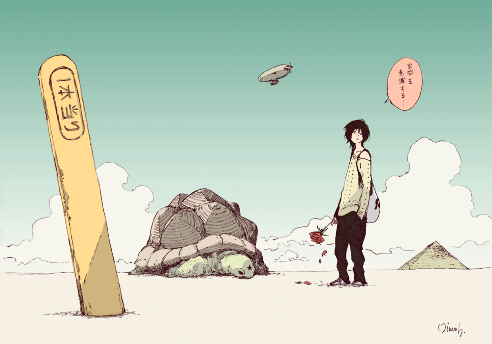 1boy aircraft animal bag black_hair clouds desert dirigible flower graphite_(medium) makkamu mechanical_pencil original pencil popsicle_stick pyramid rose scenery short_hair signature sky traditional_media turtle zeppelin