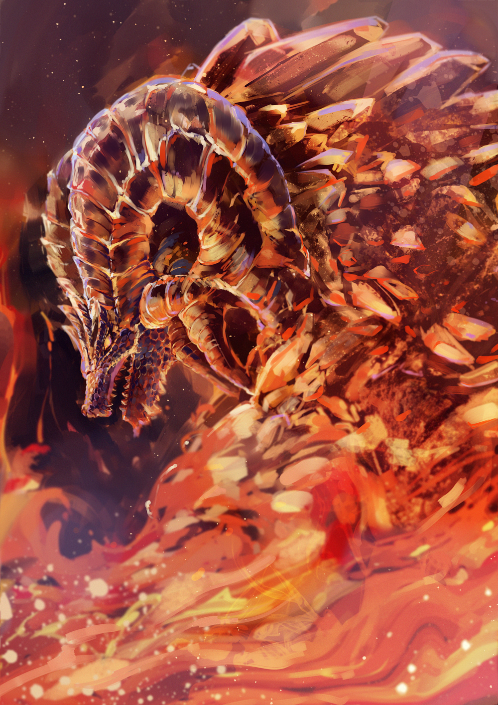 dragon fire from_side highres horns kulve_taroth monster_hunter monster_hunter:_world no_humans scales sharp_teeth shika_(shika0) smoke snout solo teeth