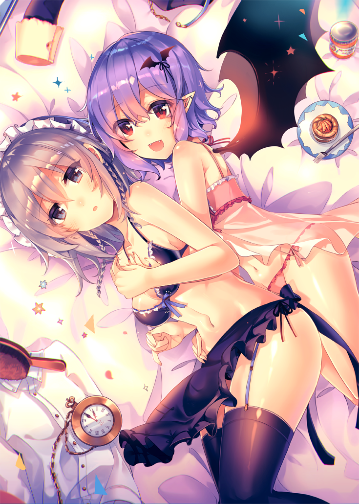 2girls :d apron bare_arms bare_shoulders bat_hair_ornament bat_wings black_apron black_bra black_legwear blue_eyes blue_hair blue_ribbon bra breasts collarbone commentary_request eyebrows_visible_through_hair feet_out_of_frame fork hair_between_eyes hair_brush hair_ornament hug hug_from_behind izayoi_sakuya kirero lingerie looking_at_viewer lying maid_headdress medium_breasts multiple_girls navel no_hat no_headwear on_side open_mouth panties parted_lips pastry pink_bra pink_panties plate pocket_watch pointy_ears red_eyes remilia_scarlet ribbon shirt shirt_removed short_hair silver_hair smile sparkle stomach thigh-highs touhou underwear underwear_only waist_apron watch white_shirt wings yuri