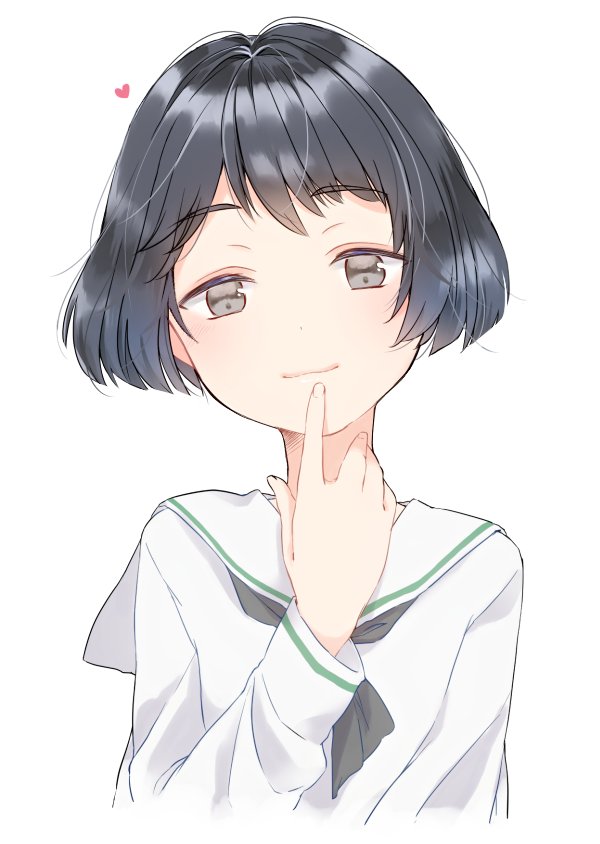 1girl bangs black_eyes black_hair black_neckwear blouse closed_mouth commentary_request eyebrows_visible_through_hair finger_to_mouth girls_und_panzer long_sleeves looking_at_viewer neckerchief ooarai_school_uniform school_uniform serafuku short_hair simple_background smile solo standing tam_a_mat upper_body utsugi_yuuki white_background white_blouse