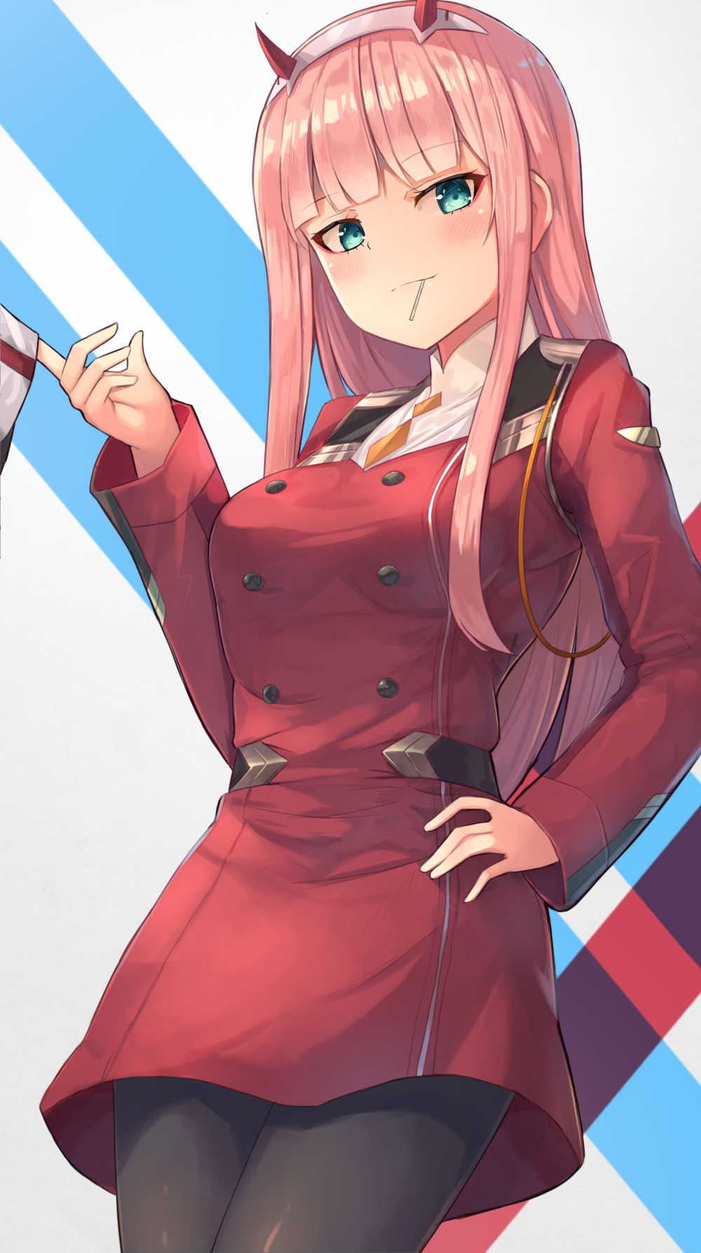 1girl bangs black_legwear blunt_bangs blush breasts candy closed_mouth commentary_request darling_in_the_franxx eyebrows_visible_through_hair food hand_on_hip highres horns legs_together lollipop long_hair long_sleeves looking_at_viewer medium_breasts military military_uniform motokonut mouth_hold pantyhose pink_hair shiny shiny_hair solo standing straight_hair uniform white_hair zero_two_(darling_in_the_franxx)