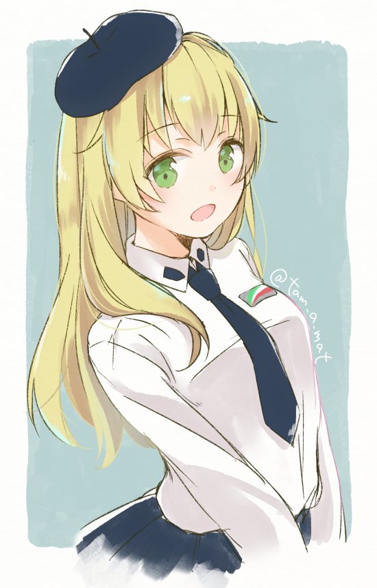 1girl anzio_school_uniform bangs beret black_hat black_skirt blonde_hair blue_background carpaccio commentary cropped_torso dress_shirt emblem eyebrows_visible_through_hair girls_und_panzer green_eyes hat long_hair long_sleeves looking_at_viewer open_mouth outside_border pleated_skirt school_uniform shirt skirt smile solo standing tam_a_mat twitter_username upper_body v_arms white_shirt