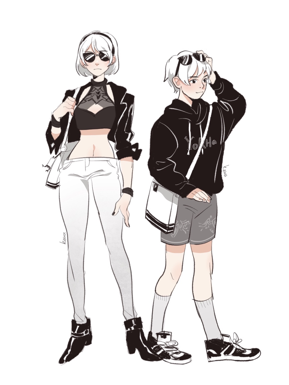 1boy 1girl adapted_costume ankle_boots bag boots contemporary cropped_jacket eyewear_on_head full_body handbag highres hood hoodie k-owa nier_(series) nier_automata pants satchel shoes short_hair sneakers socks standing sunglasses white_hair yorha_no._2_type_b yorha_no._9_type_s