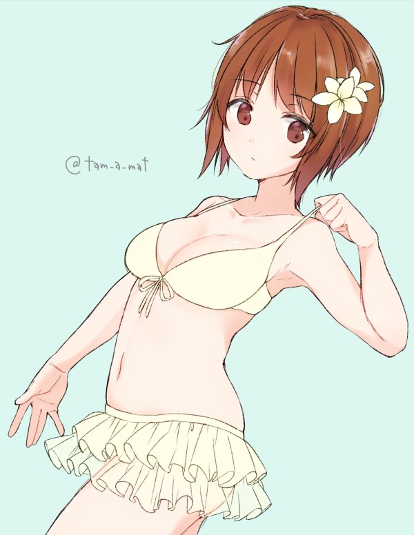 1girl adjusting_clothes adjusting_swimsuit bangs bikini bikini_skirt blue_background breasts brown_eyes brown_hair cleavage closed_mouth collarbone commentary cowboy_shot dutch_angle eyebrows_visible_through_hair flower frilled_skirt frills from_side girls_und_panzer hair_flower hair_ornament layered_skirt light_frown looking_at_viewer medium_breasts navel nishizumi_miho short_hair simple_background skirt solo standing swimsuit tam_a_mat twitter_username white_bikini