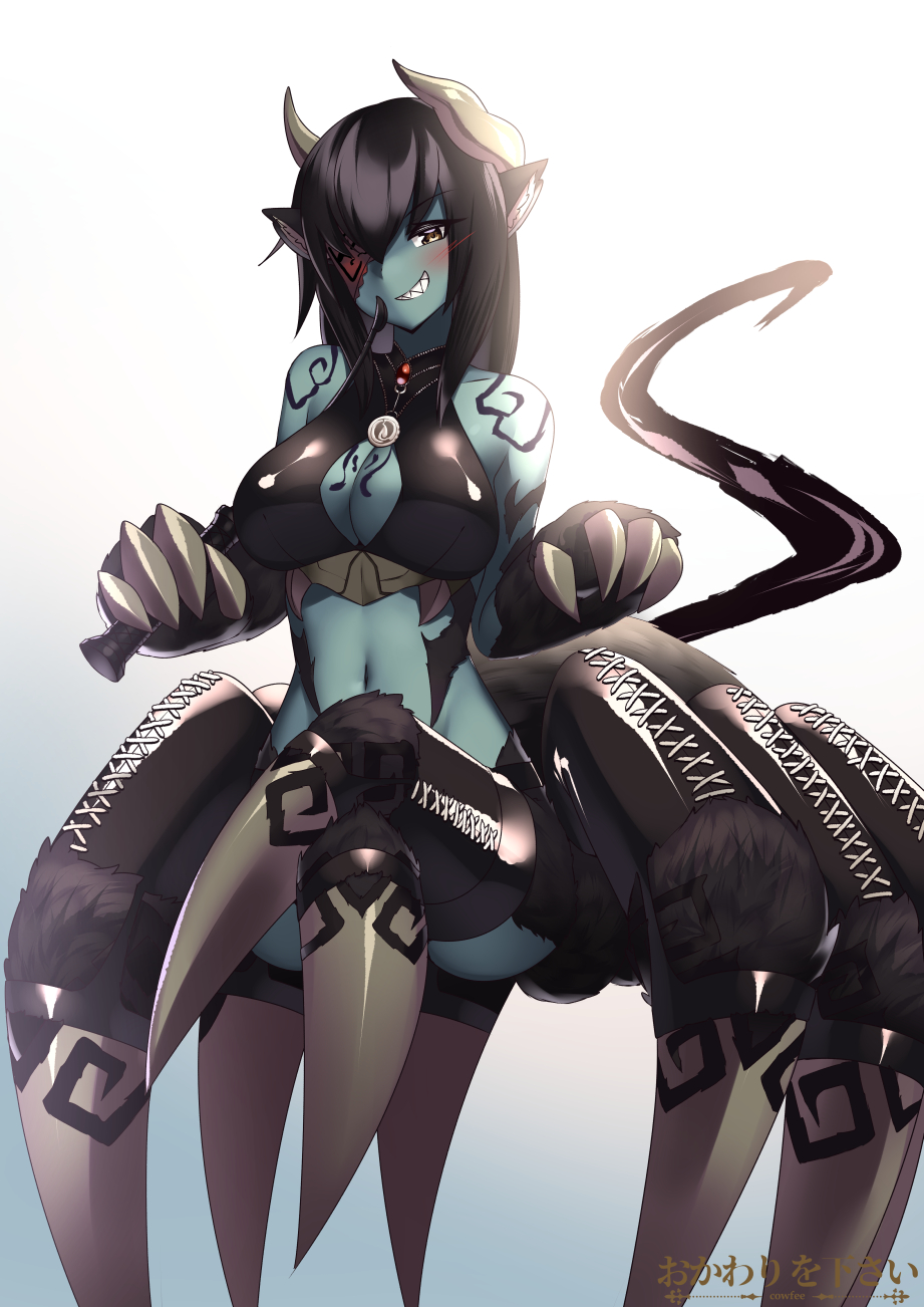 1girl animal_ears arachne bare_shoulders black_hair brown_eyes claws commentary commission cow_ears dominatrix english_commentary eyepatch fur gradient gradient_background green_skin grin highres holding horns insect_girl kaafi legs_crossed looking_at_viewer monster_girl monster_girl_encyclopedia navel paws riding_crop sharp_teeth simple_background smile solo spider_girl tattoo teeth ushi-oni_(monster_girl_encyclopedia)