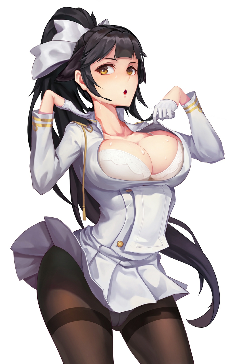 1girl :o aiguillette azur_lane bangs black_hair black_legwear blunt_bangs blush bow bra breasts brown_eyes buttons cleavage cowboy_shot crotch_seam double-breasted fanning_face gloves hair_bow hair_flaps half_gloves highres hot jacket_tug large_breasts long_hair looking_at_viewer medal military military_uniform open_mouth panties pantyhose pantyshot pantyshot_(standing) pleated_skirt ponytail sidelocks simple_background skirt small-9 solo standing sweat sweatdrop takao_(azur_lane) thighband_pantyhose unclasped underwear uniform very_long_hair white_background white_bow white_bra white_gloves white_panties wind wind_lift