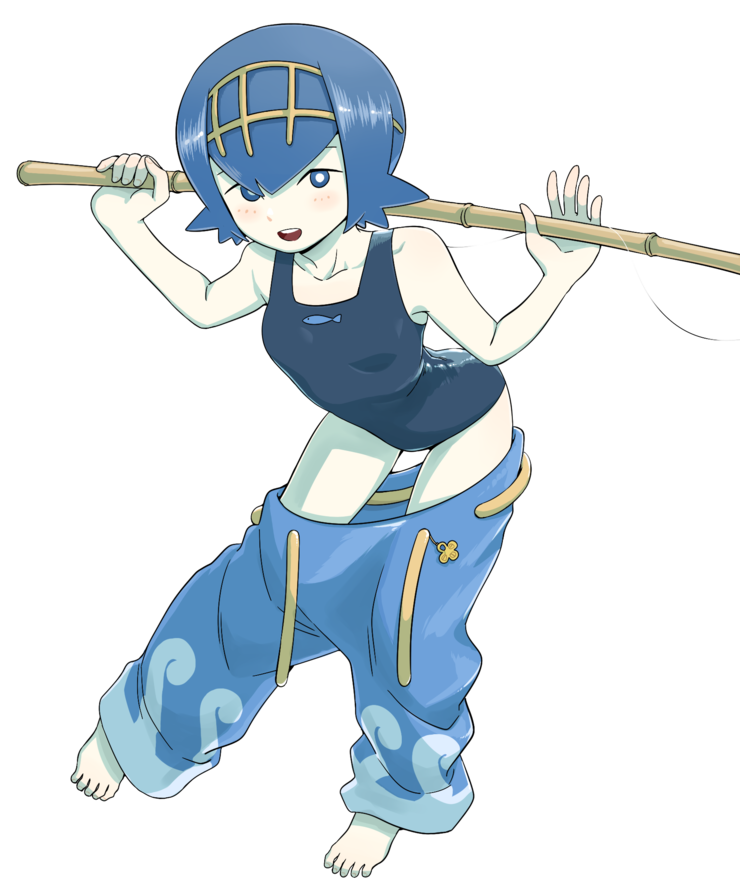 1girl bangs bare_shoulders bending_forward bent_over black_swimsuit blue_eyes blue_hair blue_pants blush breasts bright_pupils collarbone fish fishing_rod full_body gooberman_(kdk5011) hair_between_eyes hairband legs_apart one-piece_swimsuit open_mouth pants pokemon pokemon_(game) pokemon_sm short_hair simple_background small_breasts solo suiren_(pokemon) swimsuit teeth tongue transparent_background trial_captain white_pupils yellow_hairband