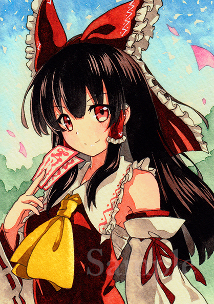 1girl ascot bangs black_hair blush bow brown_eyes closed_mouth detached_sleeves hair_bow hakurei_reimu holding long_hair long_sleeves looking_at_viewer ofuda qqqrinkappp red_bow ribbon-trimmed_sleeves ribbon_trim sample sarashi smile solo touhou traditional_media upper_body