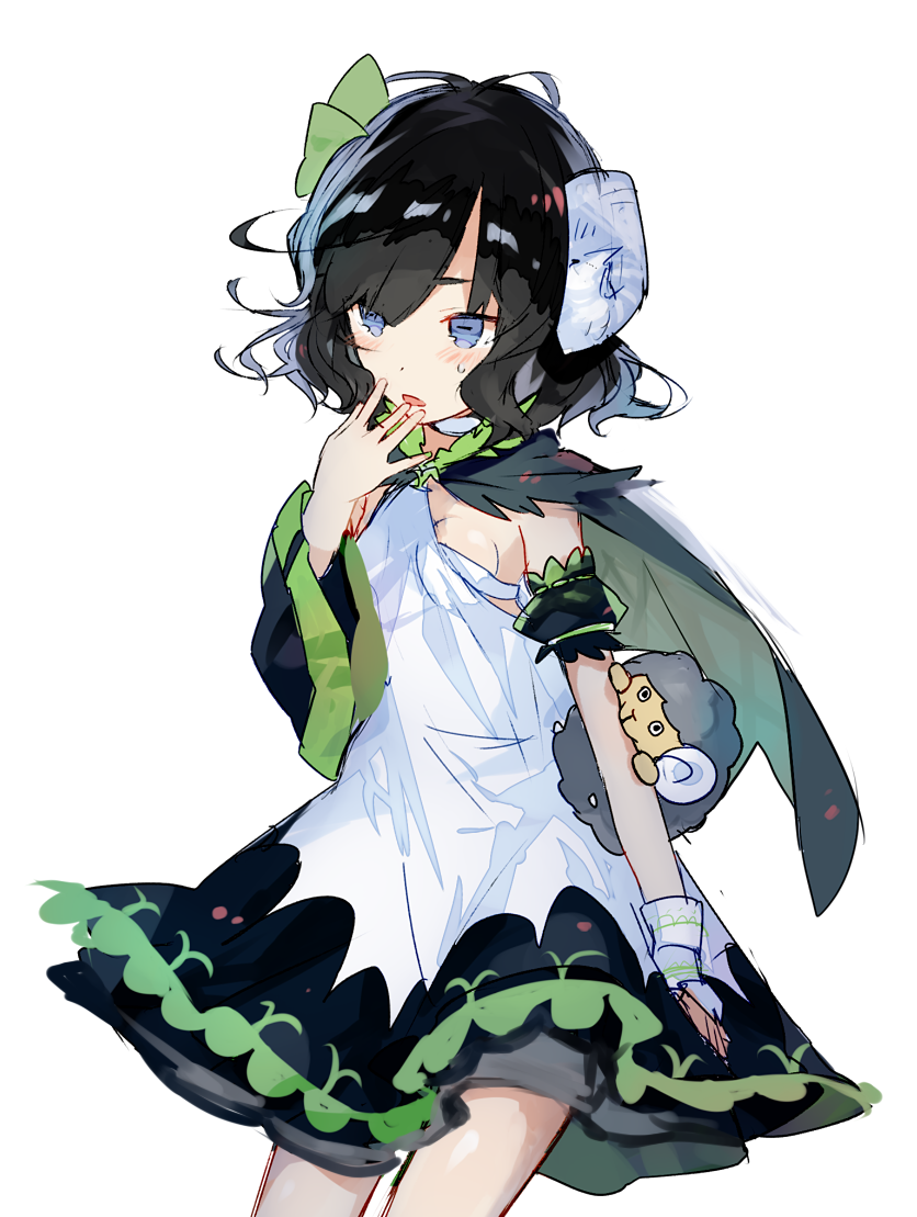 1girl bangs black_cape black_hair blue_eyes blush breasts cape cowboy_shot detached_sleeves dress gloves green_cape green_ribbon hair_between_eyes hair_ribbon hand_to_own_mouth horns long_sleeves multicolored multicolored_cape multicolored_clothes nuudoru original parted_lips puffy_short_sleeves puffy_sleeves ribbon sheep_horns short_sleeves simple_background single_detached_sleeve single_glove small_breasts solo stuffed_animal stuffed_sheep stuffed_toy sweat white_background white_dress white_gloves wide_sleeves