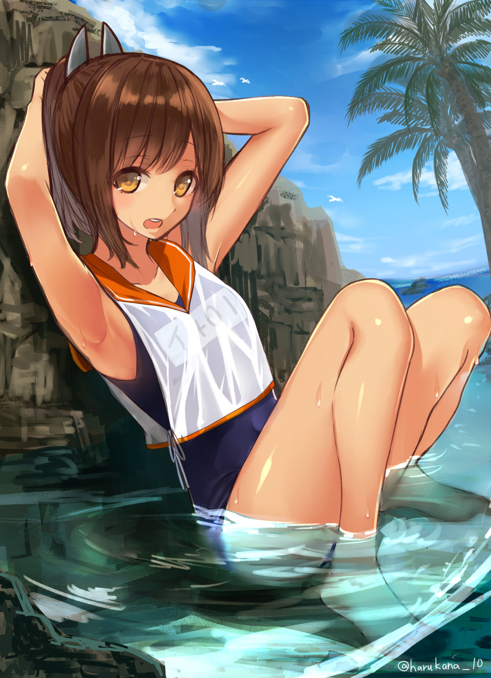 1girl arms_behind_head barefoot brown_eyes brown_hair hair_ornament hairclip harukana_(harukana_10) highres i-401_(kantai_collection) kantai_collection looking_at_viewer name_tag one-piece_tan orange_sailor_collar palm_tree ponytail rock sailor_collar sailor_shirt school_swimsuit shirt short_ponytail solo swimsuit swimsuit_under_clothes tan tanline tree water