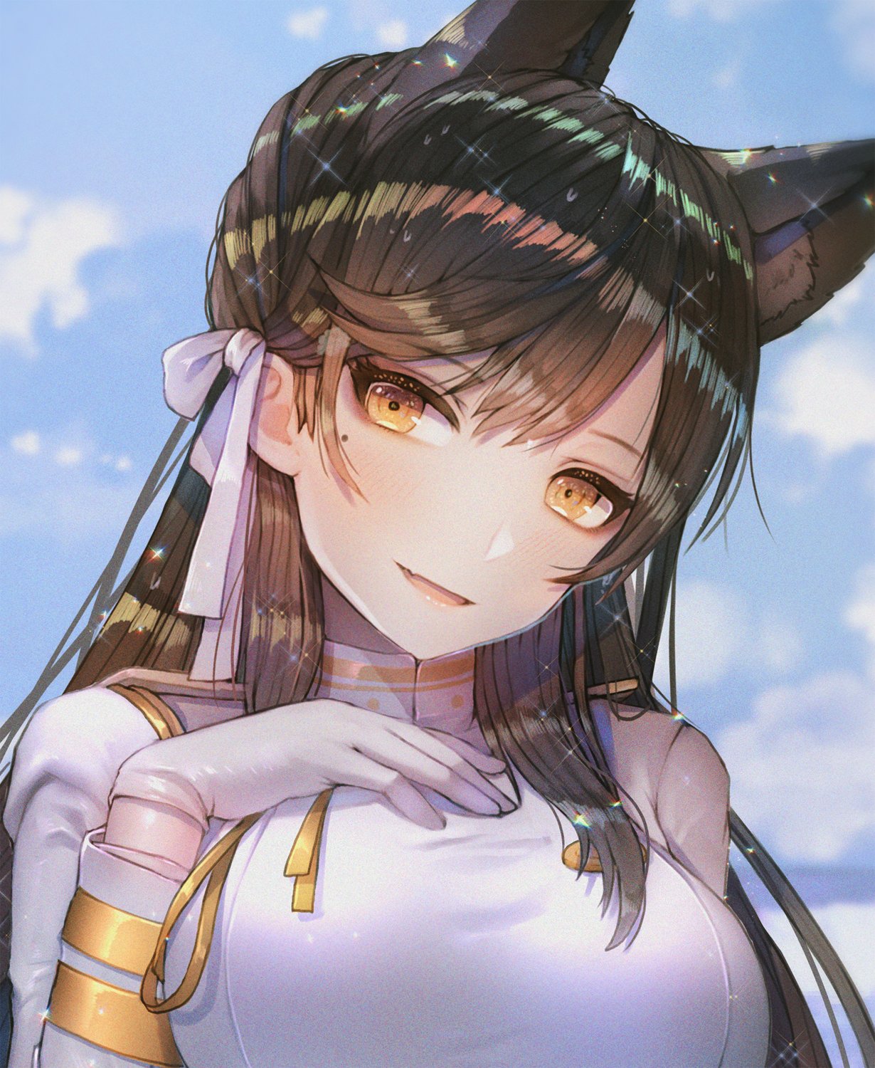 1girl animal_ears atago_(azur_lane) azur_lane bangs black_hair blue_sky blush breasts brown_eyes buttons closed_mouth clouds double-breasted epaulettes eyebrows_visible_through_hair fang fox_ears gloves hair_ornament hair_over_shoulder hair_ribbon half-closed_eyes hanato_(seonoaiko) hand_on_own_chest head_tilt high_collar highres jacket large_breasts light_particles long_hair looking_at_viewer makeup military military_uniform mole mole_under_eye ocean parted_lips ribbon sky smile solo sparkle static swept_bangs thigh-highs uniform very_long_hair water_drop wet white_gloves white_jacket white_ribbon